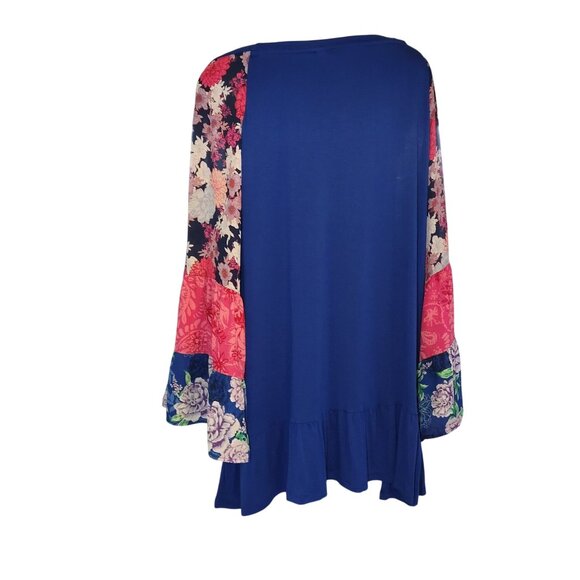 The Pioneer Woman Womens Blue Tunic W/Floral Bell Sleeves & Ruffle Hem Size 4XL - Picture 2 of 4